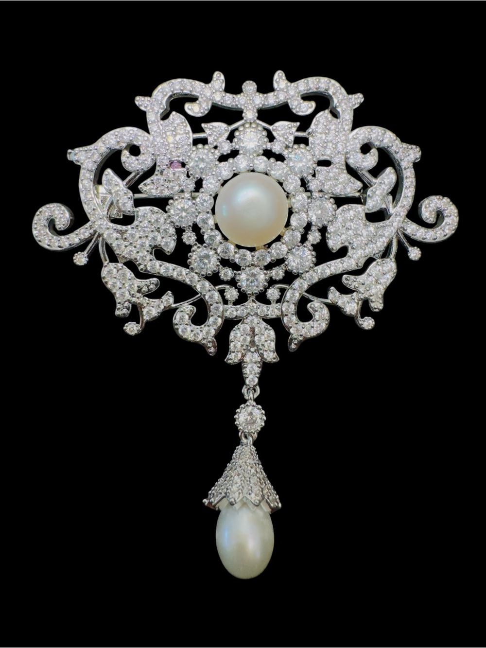 Ornate Pearl and Crystal Drop Brooch